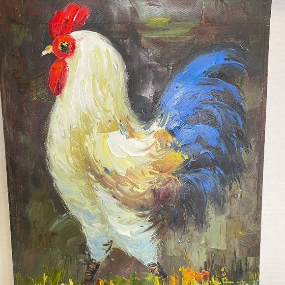 Hand-Painted Rooster Canvas Wall Painting Art with Decorative Metal Scroll Frame - Picture 3 of 10
